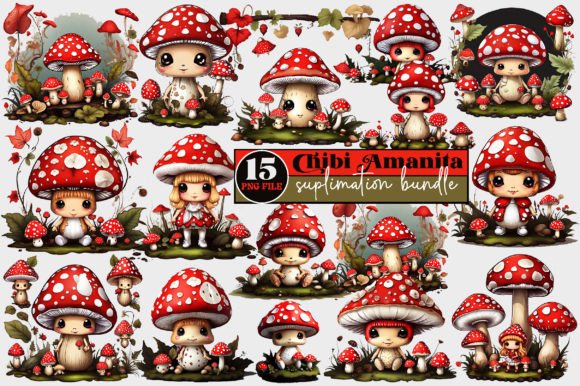 Chibi Amanita Fly Agaric Clipart Bundle: Graphics for Crafts